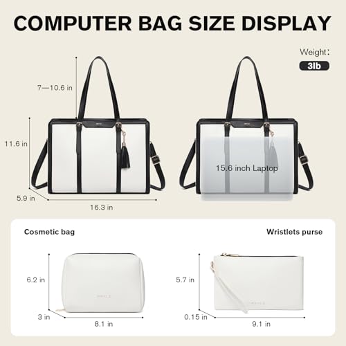 Keyli 4pc Sets Laptop Bag for Women Large Leather Laptop Briefcase with USB Charging Port Computer Shoulder tote Bags Purse - color: 3pc-beige-black