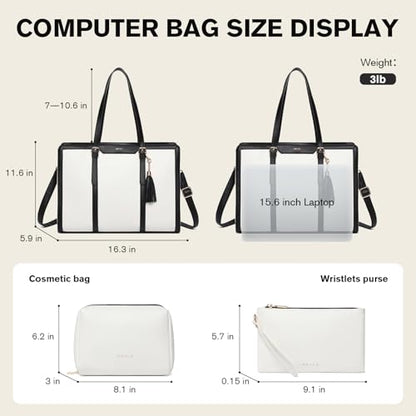 Keyli 4pc Sets Laptop Bag for Women Large Leather Laptop Briefcase with USB Charging Port Computer Shoulder tote Bags Purse - color: 3pc-beige-black
