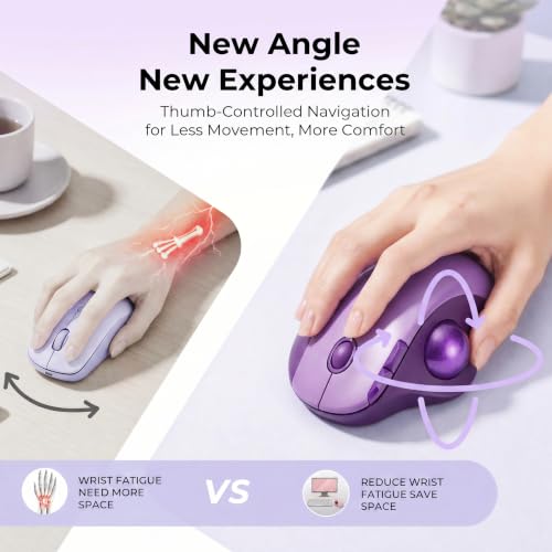 seenda Wireless Trackball Mouse, Ergonomic Bluetooth Rollerball Mice,Purple | USB-C rechargeable, 3-device Bluetooth+2.4G USB, thumb control, 5-level DPI and space-saving comfort for laptop, PC and Mac. - color: Purple
