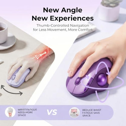 seenda Wireless Trackball Mouse, Ergonomic Bluetooth Rollerball Mice,Purple | USB-C rechargeable, 3-device Bluetooth+2.4G USB, thumb control, 5-level DPI and space-saving comfort for laptop, PC and Mac. - color: Purple
