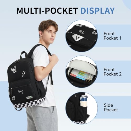 mygreen Embroidered Patch Backpack,15.6 Inch Water Resistant School Daypack | Y2K street embroidery patches,24L lightweight 1.2lb pack,breathable padded straps,fits teen school travel,waterproof Black - color: Black Patch