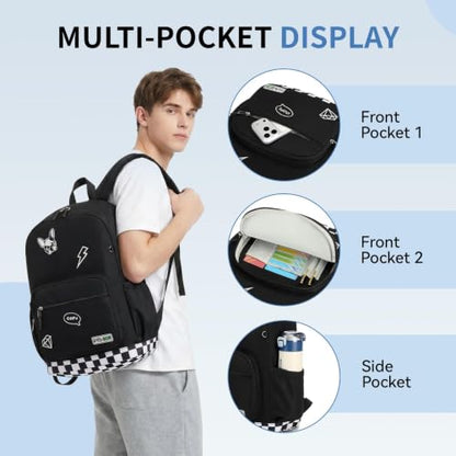 mygreen Embroidered Patch Backpack,15.6 Inch Water Resistant School Daypack | Y2K street embroidery patches,24L lightweight 1.2lb pack,breathable padded straps,fits teen school travel,waterproof Black - color: Black Patch