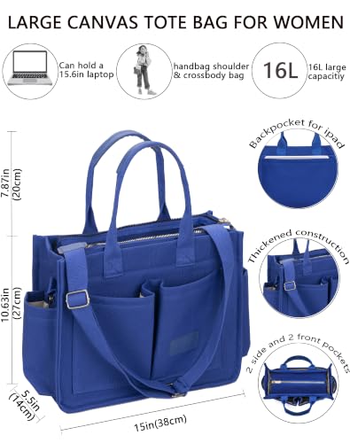 Canvas Tote Bag for Women,Women's Bags Crossbody Bags Work Laptop Tote Bag Large Handbags Purse for Travel Nurse Teacher - color: New Upgrade Navy Blue With Compartments and Side Cup Holders