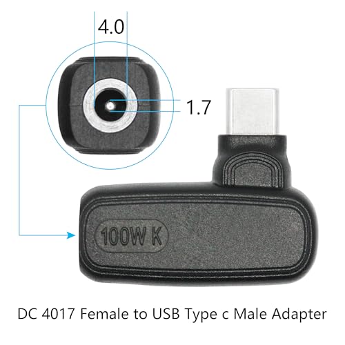 90 Degree 100W DC 4.0mm x 1.7mm Power Adapter, Input 15 - 20.5V, PD Chip | Right Angle DC 4017 Female to USB Type C Male PD Plug, Built in PD Intelligent Chip Quick Identification V/A, for USB C Port - style: DC 4017 Female to USB Type c Male - 100W