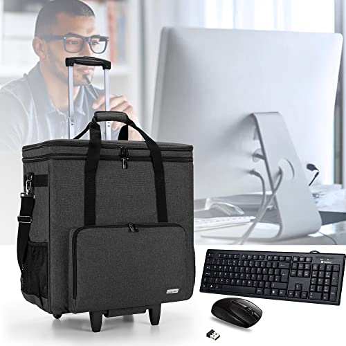 Rolling PC Carrying Case, Double Layers Desktop Tower Bag, Black | Wheeled Computer Desktop Tower Case with Shoulder Straps Fit ATX/M-ATX Motherboards, Keyboard, Mouse, Cables & Earphones - color: Black