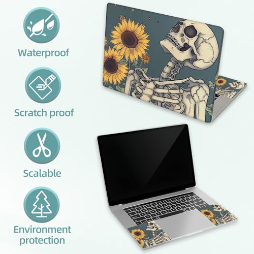 Universal Laptop Skin Decal, 3-Piece Vinyl Protector for 12 13 14 15.6" Notebook, Waterproof Anti-Scratch, Easy Trim & Bubble-Free Finish, Skeleton and Sunflowers - color: Skeleton and Sunflowers