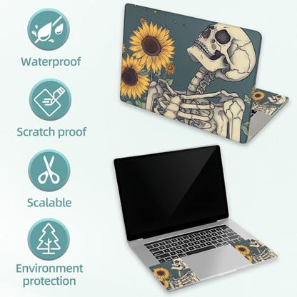 Universal Laptop Skin Decal, 3-Piece Vinyl Protector for 12 13 14 15.6" Notebook, Waterproof Anti-Scratch, Easy Trim & Bubble-Free Finish, Skeleton and Sunflowers - color: Skeleton and Sunflowers