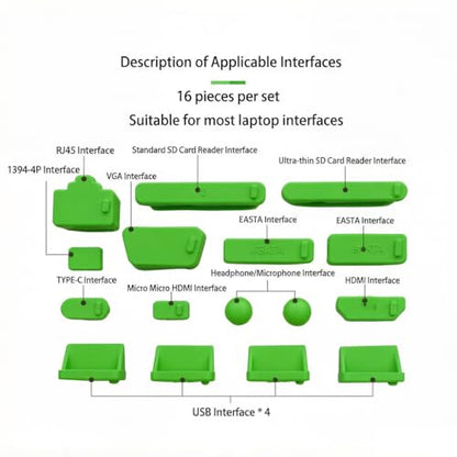 2-Pack 16-in-1 Silicone Dust Plugs for Laptop USB-C HDMI SD and More Green | Soft silicone protects USB-C, HDMI, SD, Ethernet, 3.5mm ports from dust. Snug fit, non-scratch. 2 complete sets,Green - color: Green