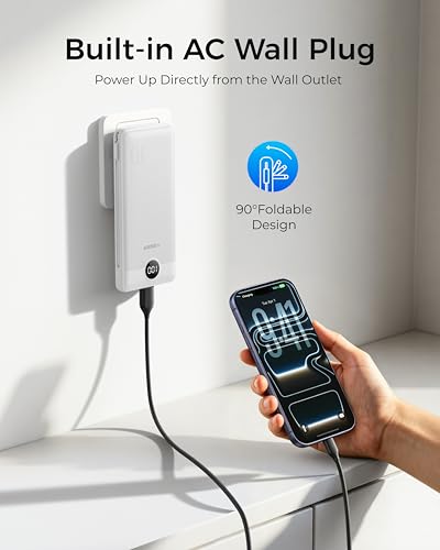 VEGER Portable Charger with Built-in AC Plug and Cables, All in One 10000mAh Ultra Slim Power Bank Travel Essentials, USB C External Battery Pack Compatible with iPhone, Samsung, More, White - color: B White
