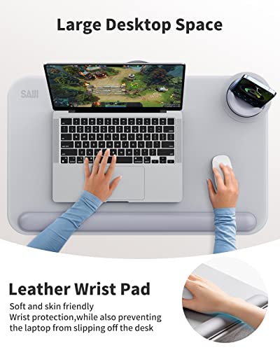 SAIJI Laptop Lap Desk for Bed—Fits Up to 17" Laptops & MacBook,Lightweight Tray Table with Soft Leather Wrist Pad,Sturdy Phone/Tablet Holder, Laptop Stand with Cushion for Home Office/Gaming On Couch - color: Light Gray