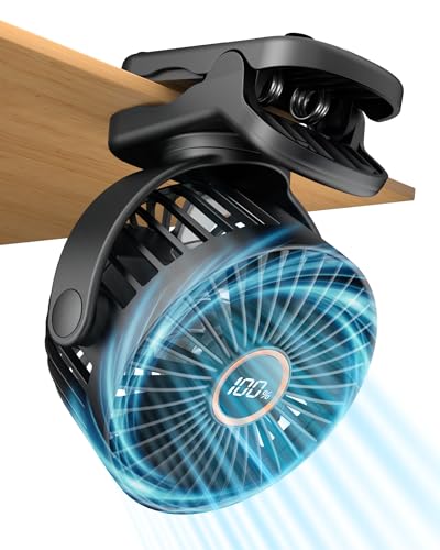 buywoo Portable Mini Personal Fan, Small Rechargeable Battery Powered Stroller Fan for Desk, Strong Clamp Grip, 360° Rotation, 3-Speed, LED Display, Clip On Cooler for Bed, Golf Cart, Office, Black - color: Black