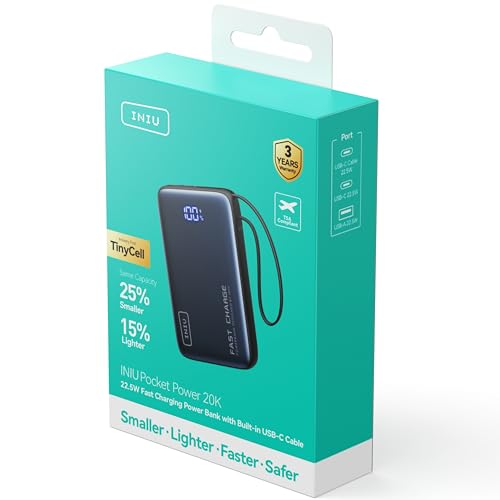 INIU Portable Charger, 20000mAh 20W Power Bank with Built-in USB-C Cable, Portable Phone Charger for iPhone 15/14/13/12/11, Samsung S22/S21, Google, AirPods, iPad, etc.