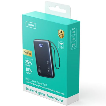 INIU Portable Charger, 20000mAh 20W Power Bank with Built-in USB-C Cable, Portable Phone Charger for iPhone 15/14/13/12/11, Samsung S22/S21, Google, AirPods, iPad, etc.