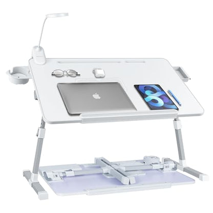 Adjustable Laptop Lap Desk with Cooling Fan USB Light for Adults - color: White,70x45cm