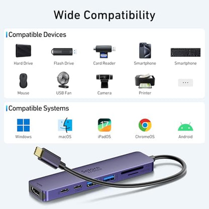 USB C Hub HDMI Adapter for MacBook Pro/Air, 7 in 1 USBC Dongle with HDMI, microSD/SD Card Reader, USB C Data Port,100W PD, and 2 USB 3.0 Compatible for MacBook Pro/Air, Dell XPS, Lenovo Thinkpad. - color: Purple