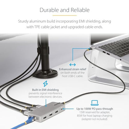 StarTech USB-C Triple 4K HDMI DP Docking Station, 100W Laptop Charging, GbE | Up to 85W host charging, 2ft 60cm cable, WoL, MAC address passthrough, Wi-Fi auto switch, Mixed-fleet rollout - style: Triple monitor