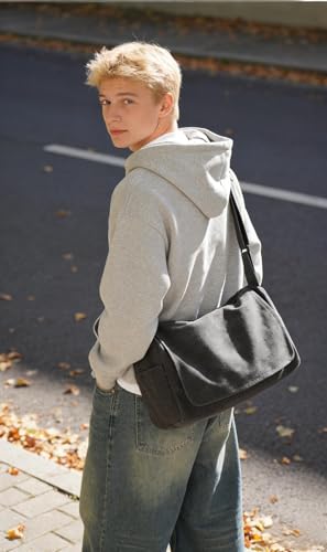 Messenger Bag for Men, Crossbody Bag Aesthetic, Water Resistant Unisex Classic Canvas Shoulder Bag - color: B1-black