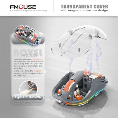 FMOUSE Transparent Wireless Mouse, Tri-Mode Bluetooth 5.1 & 2.4GHz, USB-A & USB-C Receiver, Silent Rechargeable RGB, 3 Devices for MacBook Laptop iPad PC, Business Minimalist — Grey - color: Grey