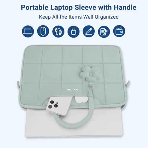 MOSISO Laptop Case 13.3 inch,13-13.3 inch Puffy Laptop Sleeve Compatible with MacBook Neo 13/Air 13 13.6/Pro/Pro 14,HP Dell ASUS Lenovo,Rectangle Quilted Bag with Handle&Flower Pendant, Antique Green - color: Antique Green, size: 13.3 inch