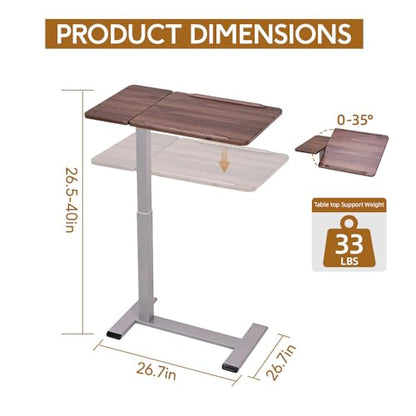 Pneumatic Overbed Table with Wheels, Height Adjustable Bedside Table with Ultra-Low Base for Hospital & Home, Rolling Laptop Cart with Walnut Finish - color: Walnut