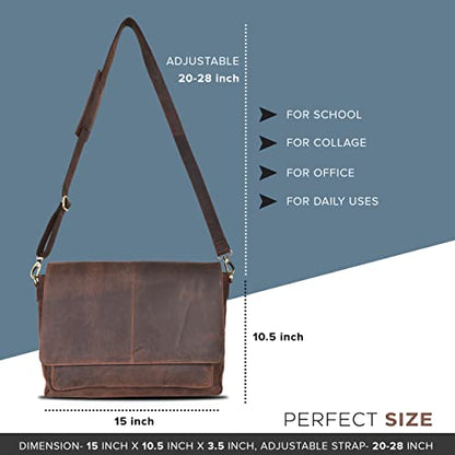 Oak Leathers Leather Messenger Bag for Men and Women - Laptop Briefcase Bag For College, Office, Adjustable Shoulder Strap - color: Walnut With Diary