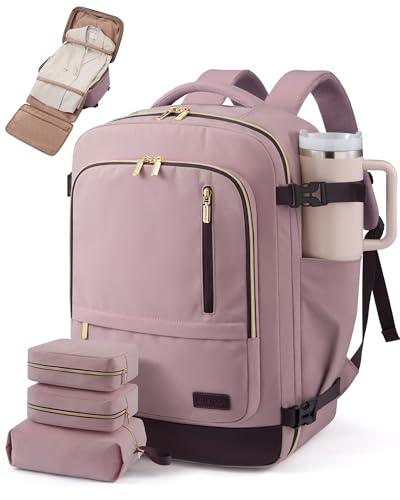 LOVEVOOK 40L Travel Backpack for Women Men with Garment Bag, Airline Approved Carry on Luggage Travel Essentials with 3 Packing Cubes, TSA Overnight Bags Weekender Essentials Backpacks fits 17" Laptop - color: Purple-rust Red, size: 40L-4Pcs
