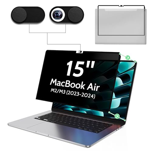 Privacy Screen for MacBook Air 15 Inch M2/M3/M4(2023-2025)--A3241 A2941 A3114 Anti Blue Light Glare Filter Removable Computer Protector, Bubble-Free Monitor Shield Laptop Film With Camera Cover - size: 15 inch