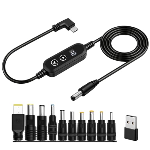 USB C PD to DC Adapter Power Fast Charging Cable 5V,9V,12V,15V,20V Adjustable Voltage Right Angle Type C to DC 5.5x2.1mm Universal Trigger Power Supply Lead 60W with 10Conversion Heads(1.2m)