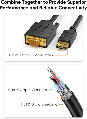 CableCreation 6ft DP to VGA Cable, Black, Supports 1080P@60Hz, Connects DisplayPort Devices to VGA Monitors, Displays, or Projectors - size: 6FT-PVC