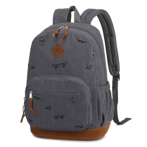 mygreen Corduroy Backpack with Cute Embroidery School Bag skateboard Gray | Soft corduroy outer, lovely embroidery decor; lightweight sturdy build; polyester padded back delivers stable & soft support - color: Kateboard Gray