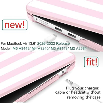 for MacBook Air 13 Inch (13.6 Inch) Case, M5/M4/M3/M2 Chip 2026 2025 2024 2023 2022, Hard Plastic Printed Cover with Screen Protector & Keyboard Cover & Dust Plugs, Pink & White Stripes - color: Pink & White Stripes