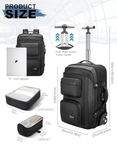 Carry on Backpack with Wheels, Rolling Backpack | Dry-Wet Pocket, TSA Lock, Laptop Compartment, Water-Resistant for Men Women, 3-Piece Set-Includes Toiletry & Storage Bag - color: Black-two