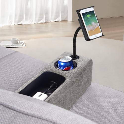 Multifunctional Sofa Armrest, Couch Armrest with Wireless Charge Stand, Removable Couch Caddy with Storage,Including LED Reading Light - color: Pewter, size: Fabric-1 CUP