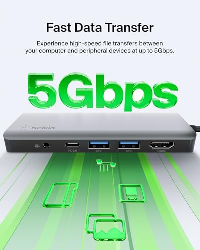 Belkin USB-C Hub, 7-in-1 MultiPort Docking Station for MacBook & Windows - 85W USB-C Power Delivery 3.0, 4K HDMI 1.4, 2x USB-A 3.0, SD 3.0, Micro SD 3.0, & 3.5mm Audio Jack - style: 7-in-1 USB-C Hub