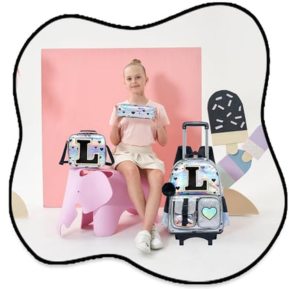 HTgroce Cute Rolling Backpack with Wheel,School Backpack for Kids Girl Roller Schoolbag Wheeled Backpacks Set Carry-on Luggage,Initial L - color: Silver, style: L