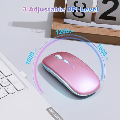 Wireless Bluetooth Mouse Rechargeable Long Lasting Dual Mode - BT 5.2 & 2.4G Silent RGB LED Mice, Slim Portable Ergonomic Mouse for Laptop/PC/Tablet/MacBook/iPad/Apple Devices(Rose Gold) - color: Rose Gold