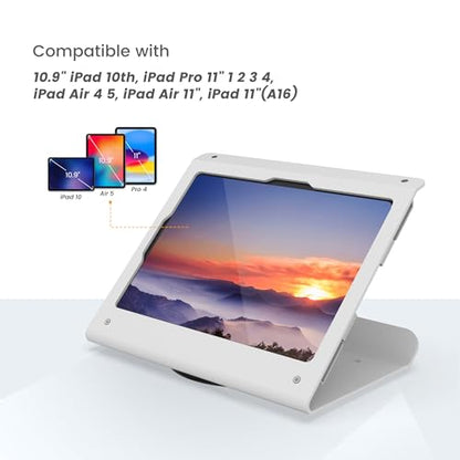 Tablet POS Stand - Heavy Duty Steel Kiosk Stand with 360° Swivel Base Anti-Theft Compatible with 10.9" iPad 10th, Pro 11" 1 2 3 4, Air 4 5, Air 11"(M2/M3/M4), iPad 11"(A16) - BSC102WA - color: White
