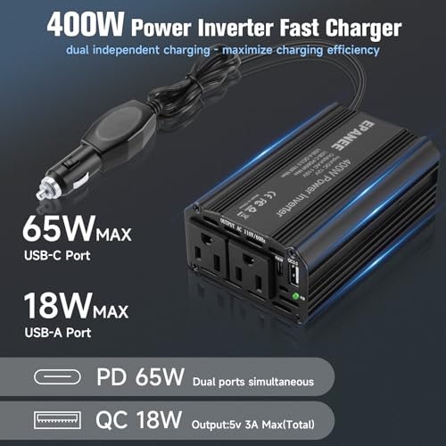 400W Power Inverter 12V DC to 110V AC, Car Charger Plug in Adapter Outlet with PD 65W USB-C&QC 18W Port, Portable Power Converters for Laptop Vehicles Camping Road Trip Essentials Adults-Black - color: black