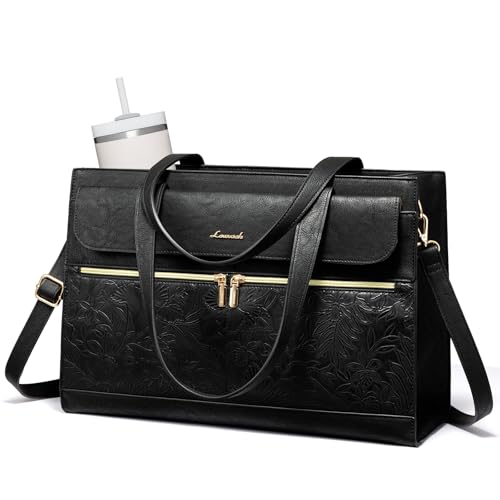 LOVEVOOK Laptop Tote for Women 15.6 Inch, PU Leather Waterproof Work Tote with Large Tumbler Pocket, Peony Embossed Textured Computer Bag, Organized Teacher Office Business Crossbody Handbag - color: Black- Retro, size: 15.6 Inch