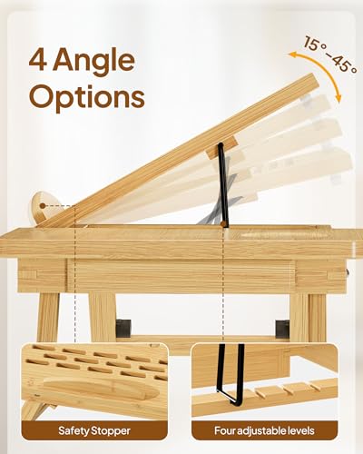 Bamboo Lap Desk, Adjustable Bed Desk with 4 Angle Options & Folding Design | Lap Desks for Adults, Ideal for Bed, Writing, Office Work, Drawing, Sofa & Travel