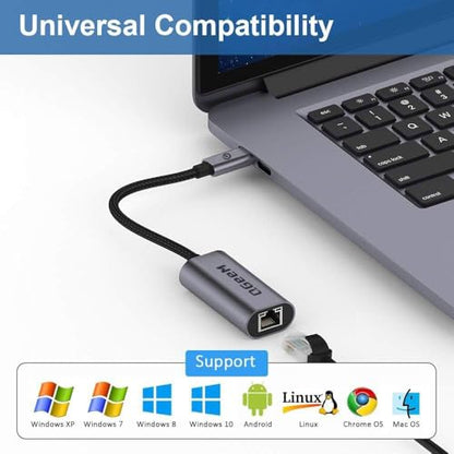 QGeeM USB C to Ethernet Adapter, 1000Mbps Gigabit RJ45 LAN Network Dongle, Thunderbolt 5/4/3 Compatible, Braided Nylon Aluminum Case for iPhone 17/16/15 Pro Max, MacBook Pro/Air M3/2, iPad, XPS - Gray - color: Classic Gray
