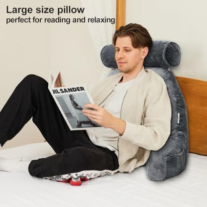 Reading Pillow for Adults Sitting‑Up in Bed, Backrest with Arms | Detachable Neck‑Cushion; Shredded Memory‑Foam; Side Pockets; Washable Velvet Cover; Gaming & TV, Sofa Use - color: Grey