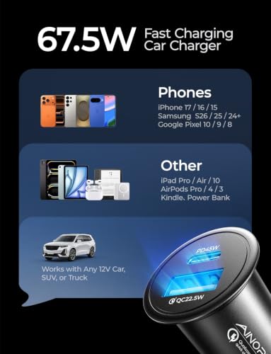 AINOPE 67.5W Cigarette Lighter Adapter Car Charger USB C Fast Charging | [Mini & Metal] PD&QC Cigarette Lighter USB Charger 12V Outlet Plug Socket for iPhone 17 16 15 14 Pro Max, Samsung S26 S25 - color: Black