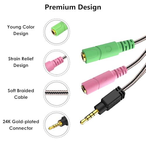 Headphone Mic Splitter 3.5mm Headset Adapter (Microphone + Audio) | Braided 2 TRS Female to TRRS Male CTIA Stereo Y Jack for Dual-Plug Game Headset to Xbox, PS4, Phone, Laptop, PC - 8 inch - size: 1 Pack / 0.6 Feet