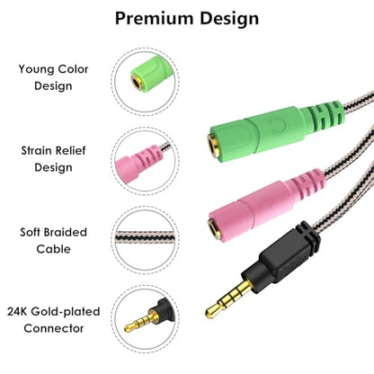 Headphone Mic Splitter 3.5mm Headset Adapter (Microphone + Audio) | Braided 2 TRS Female to TRRS Male CTIA Stereo Y Jack for Dual-Plug Game Headset to Xbox, PS4, Phone, Laptop, PC - 8 inch - size: 1 Pack / 0.6 Feet