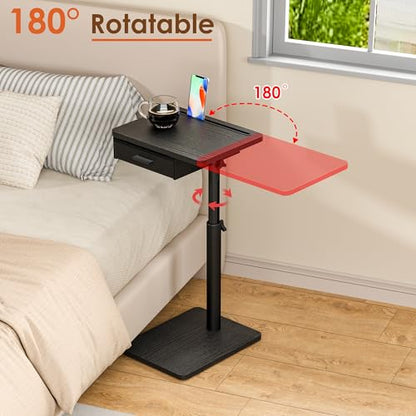 TV Tray with Drawer & Device Slot, Swivel Height Adjustable bedside table, Sofa Side Table for Eating, C Shaped Couch Table for Living Room & Bedroom, Portable Snack End Table for Couch & Bed, Black