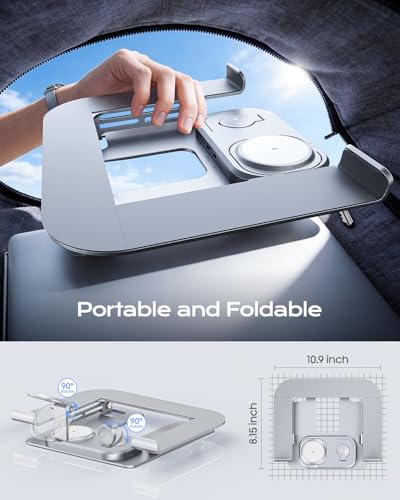 Meifigno Laptop Stand with Wireless Charging Station Base, Foldable Aluminum MacBook Holder with MagSafe Charger for iPhone/iWatch/AirPods, 30W USB-C Wired Charging for Laptop/iPad, with 65W Adapter