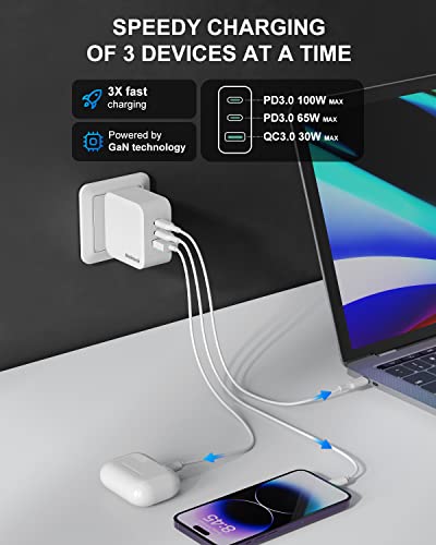 Nekteck 100W GaN USB C Fast Charger (3-Port) - PD 3.0 & QC 3.0 Compact Wall Charger for MacBook Pro/Air, iPhone 17/16/15, iPad, Galaxy S25/S24, PixelBook, Steam Deck, Laptops and More - Foldable