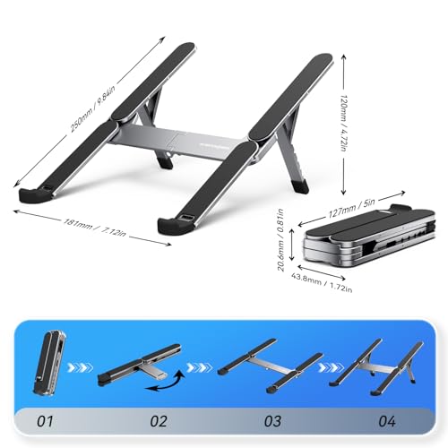ICE COOREL Portable Laptop Stand, Foldable Laptop Riser for Desk, 6-Level Adjustable Ergonomic Computer Stand, Premium Aluminum Alloy Notebook Holder Compatible with 10-17 Inch Laptops & Tablets - color: SILVER