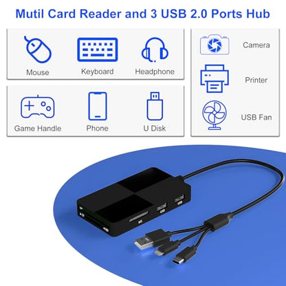Memory Stick pro Duo Adapter Reader - 8 in 1 SD/TF/MS/CF/XD Card Reader with 3 USB 2.0 Ports for iPhone/Computer/USB-C Device, Built-in 3-in-1 Connector (Lightning, USB-C and USB-A), Plug & Play